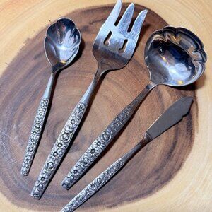 Vintage 4pc Oneida Deluxe Stainless Steel Floral Engraved Scallop Spoon Service